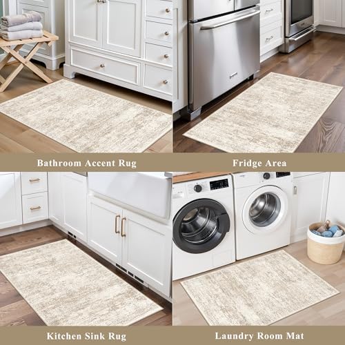 2x3 Feet Washable Entryway Rug, Non-Slip Small Kitchen Throw Mat for Sink, Soft Low-Pile Stain & Fade-Resistant Indoor Mat for Pet Area & Bathroom (Cream/Beige) - Image 3