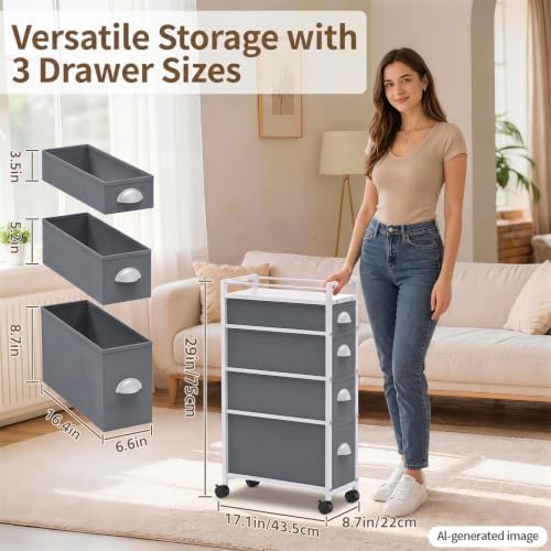 LASZOLA Narrow Cabinet Slim Storage Cart for Bathroom Small Space, Gray - Image 2