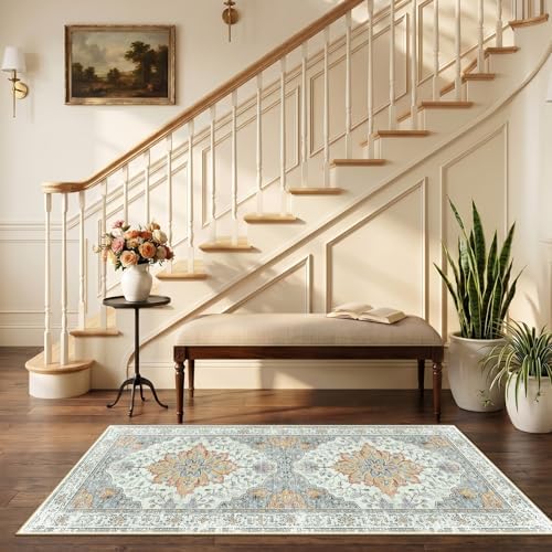 RELEANY Washable Area Rug, Runner 2'6"x5', Beige/Carbon Grey/Orange - Image 2