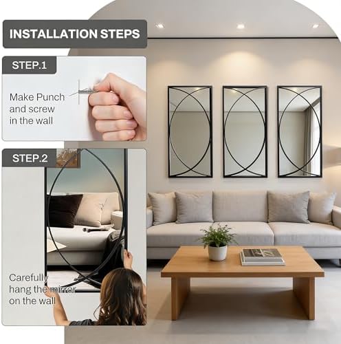 3 Pieces Black Rectangular Wall Mirror Set for Home Decor - Image 7