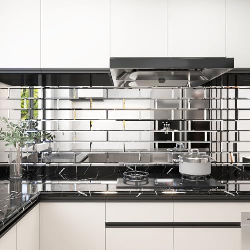 Diflart Peel and Stick Mirror Backsplash Tiles, Silver, 4x12 Inch, Beveled Mirror Subway Tiles for Kitchen Backsplash Bathroom Wall, Pack of 15 Pcs - Image 2