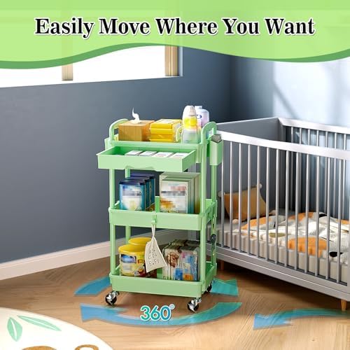 SUNALLY 3 Tier Rolling Cart with Drawer, Craft Storage Cart Organizer,Green - Image 4