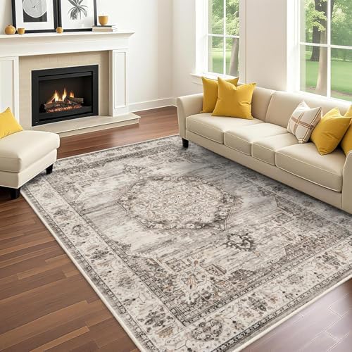 Washable Rugs 6x9 Area Rug：Large Rugs for Living Room - Oriential Distressed Printed Floral Carpet - Non Slip with Rubber Backing Area Rug 6'x 9' Beige - Image 3