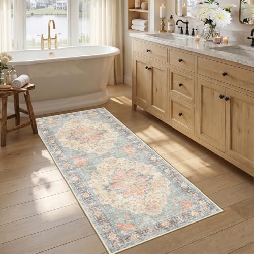 RELEANY Washable Area Rug, Runner 2'6"x5', Blue/Orange/Red by RELEANY