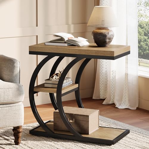 Tribesigns End Table for Living Room, 3-Tier Narrow Wood Couch C-Shaped Side Table with Storage, Industrial Nightstand for Bedroom, Small Spaces, Natural by Unknown