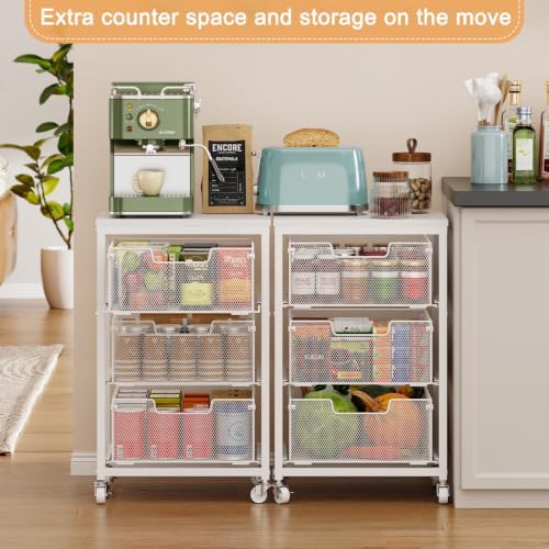 Kitchen Cart with Storage, 3-Tier Pantry Organizer and Storage Cart with Drawer, Fruit Vegetable Storage Cart with Wheels, Wooden Top Metal Wire Kitchen Organizer Rack Stand for Snack Onion Potato - Image 4