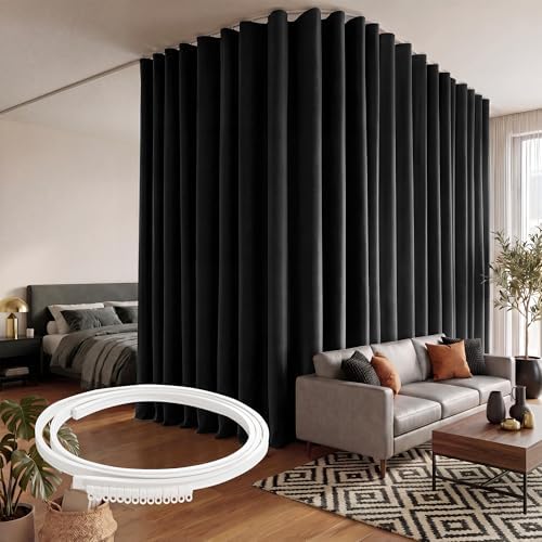 RYB HOME Extra Wide Room Divider Curtains with Flexible Silent Track, Blackout Extra Long Curtains with Hooks for Bedroom/Living Room/Basement Ceiling&Wall Mount, Black, W150 x L108, 1 Panel by RYBHOME