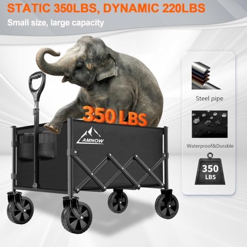 AMNOW 100L Collapsible Wagon Cart with All Terrain Wheels, 350LBS, Black - Image 2