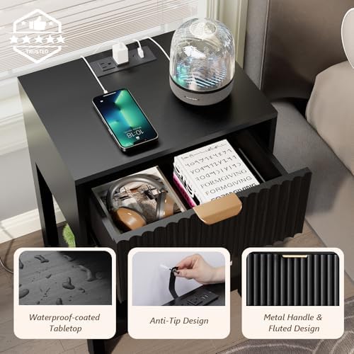 Nasonet Night Stand Set 2, Fluted Nightstand with Charging Station, Wood Bedside Table with Drawer & Storage Shelf, Modern End Tables for Bedroom Sofa Couch Office, Black - Image 4