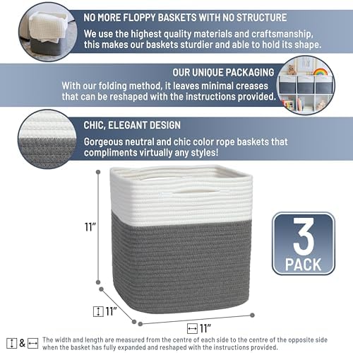 NaturalCozy Storage Cubes 11 Inch Cotton Rope Woven Baskets for Organizing, 3-Pack | Cube Storage Bin | Square Storage Baskets for Shelves Organizer, Classroom, Kids Toy Bins, Closet, Baby Nursery - Image 2