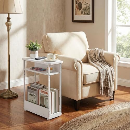Narrow Side Table,3-Tier Slim End Table with Storage Shelf,Modern Sofa Table Thin Side Table for Narrow and Small Spaces, Skinny Bedside Table Small Nightstand with Magazine Rack Space Saving/White - Image 2