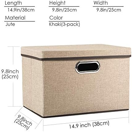 PRANDOM Collapsible Storage Cubes with Lids [3-Pack] Jute Fabric Foldable Storage Boxes Organizer Containers Baskets Bins with Cover for Home Bedroom Closet Office Nursery (14.9x9.8x9.8) - Image 6