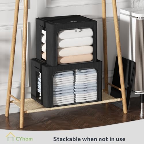 CYhom Clothes Storage Bins Box - Linen Fabric Foldable Stackable Container Organizer Set with Clear Window & Carry Handles & Metal Frame (Black, Large-66L) - Image 6