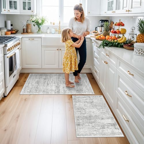 Kitchen Mats for Floor 2 Piece, Non Slip Washable Kitchen Rugs Sets for Floor, Soft Low Pile Kitchen Area Rug for Kitchen Sink Laundry Entryway (Grey Ivory, 2x3+2x4) - Image 3