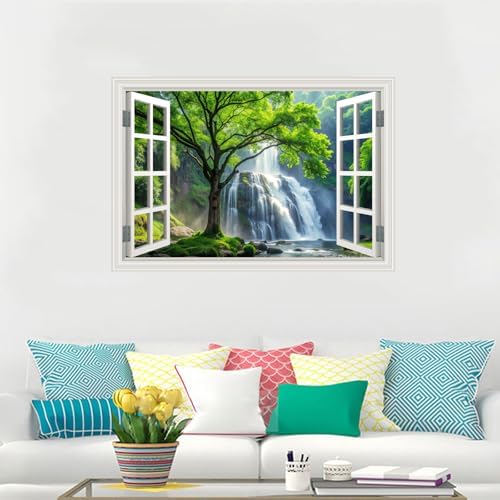 Fake Window Wall Decal- Rainforest Waterfall Tree Open Wall Art Sticker | Faux Window Mysterious Forest Natural Scenery Landscape Mural｜ Stick and Peel Wall Decals｜Room Bedroom Office Decor｜24"x16" - Image 2