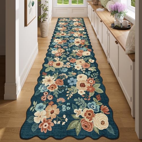 DUKINO 2x8 Washable Runner Rug, Floral Non Slip Kitchen Rugs, Prussian Blue by DUKINO