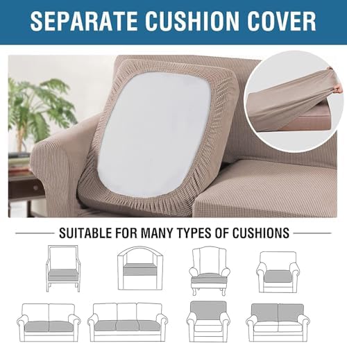 H.VERSAILTEX 4 Piece Stretch Sofa Covers for 3 Cushion Couch Covers for Living Room Furniture Slipcovers (Base Cover Plus 3 Seat Cushion Covers) Thicker Jacquard Fabric (Large Sofa, Sand) - Image 5