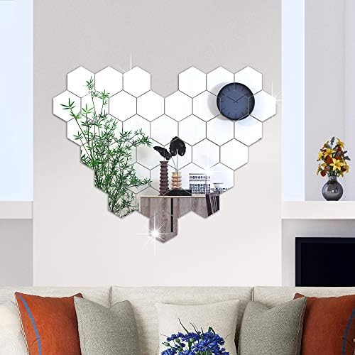 RW-103 36 PCS Acrylic Mirror Wall Stickers Hexagon Mirror Wall Decals DIY Removable 3D Geometric Hexagon Mirror Art Setting Wall Decor for Bedroom Living Room Office Kitchen Home Decoration (Silver) - Image 6