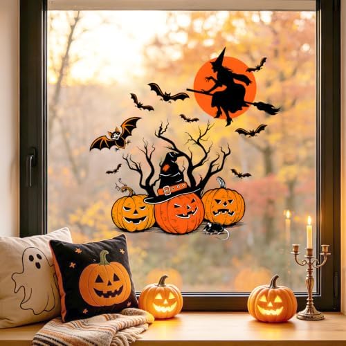Halloween Pumpkin Witch Wall Decals Peel and Stick, Witch Jack O Lantern Wall Stickers, Removable Vinyl Spooky Wall Decor, Halloween Wall Art for Bedroom Living Room Window Decorations - Image 3