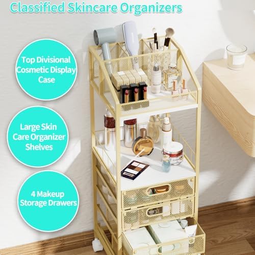 HapiRm Makeup Organizer Storage Cart - Floor Skincare Make Up Storage with 4 Drawers, Rolling Makeup Cart Vanity Organizer Cosmetics Display Cases Holder for Skin Care Perfume Nail Polish, Gold - Image 5