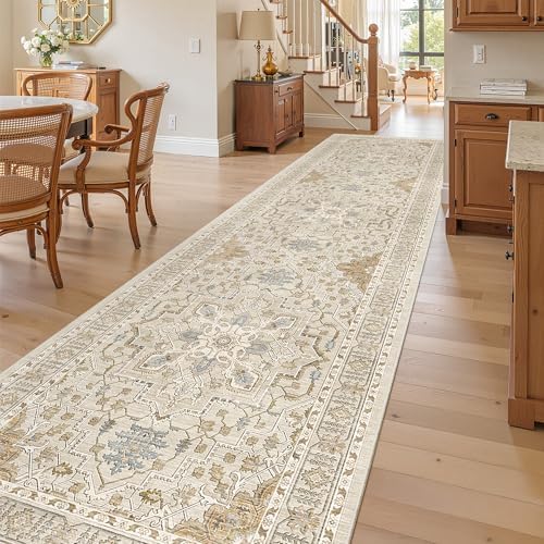 Madane Hallway Runner Rug 3x12 Washable Kitchen Runners 12ft, Beige/Blue by Madane