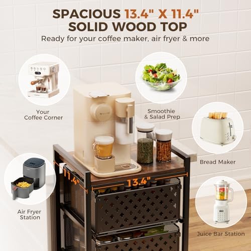 5 Tier Kitchen Storage Cart with Wheels, Utility Fruit Vegetable Storage Rack Stand with Pull-Out Baskets & Wood Top, Metal 4-Drawers Rolling Snack Cart, Kitchen Cart for Potato Onion(Black) - Image 3