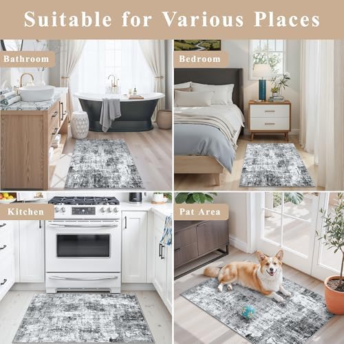 2x3 Washable Non-Slip Area Rug - Soft Low Pile Throw Rug for Kitchen Entryway Bedroom - Modern Indoor Door Mat with Rubber Backing (Grey, 2x3) - Image 3