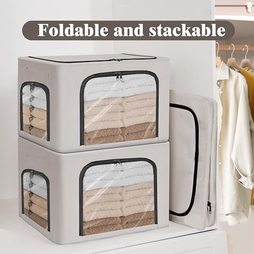 GuliPostan 3 Pack 40L Stackable Clothes Storage Bins with Metal Frame Handles & Zipper, Collapsible Closet Organizer Box with Lid for Bedding Blankets Towel (Light Grey) - Image 2