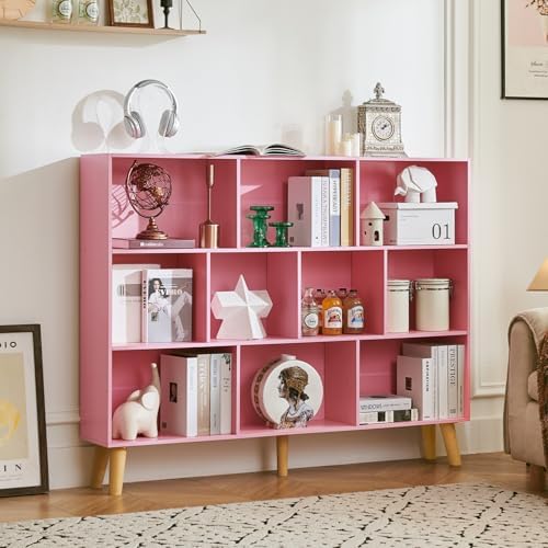LEYAOYAO 10 Cube Bookshelf,Mid-Century Modern Bookcase with Legs,Light Pink - Image 6