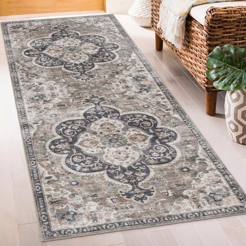 ReaLife Rugs Machine Washable Area Rug Runner - Living Room Bedroom Bathroom Kitchen Entryway Office - Padded Low Pile Stain Resistant Premium - Boho Farmhouse Vintage - Joy - Brown Beige 2'6" x 8' by ReaLifeRugs