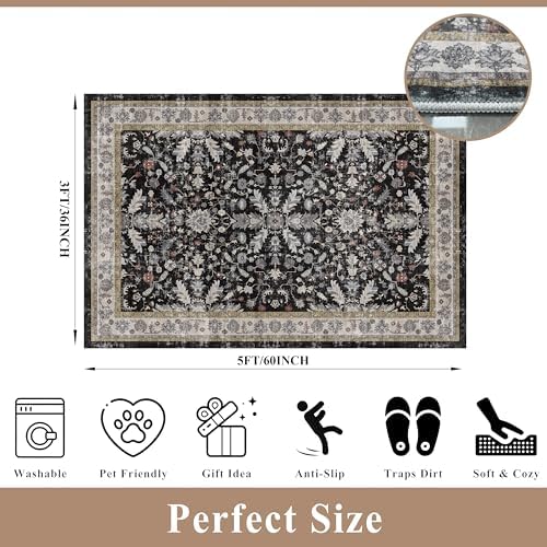 3x5 Kitchen Rug Washable Non-Skid, Boho Indoor Small Throw Area Rugs for Entryway Bedroom Living Room Floor, Soft Stain-Resistant Low-Pile Thin Doormat（Black, 3x5） - Image 2
