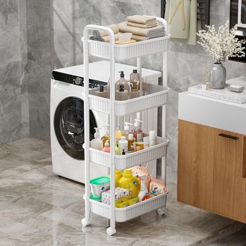 JOYZAN 4 Tier Rolling Carts with Wheels, Utility Cart with Handle and Locking Caster, Storage Cart for Kitchen, Office, Bedroom, Suitable for Diaper, Art Tools, Snack, Craft Storage Cabinet, White - Image 4