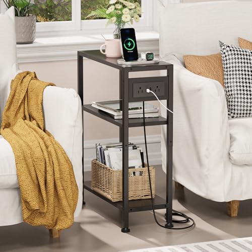 End Table with Charging Station, 3-Tier Side Table for Small Space, Skinny Nightstand with USB/Type C Port and 2 Outlets, Slim Sofa Beside Table for Living Room, Bedroom and Balcony, Black - Image 4