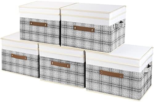 TYEERS Collapsible Storage Bins with Lids, Patchwork Design, Washable, Fabric Storage Boxes, 14.9x9.8x9.8 inches, 5 Pack, Gray by StorageOrganization