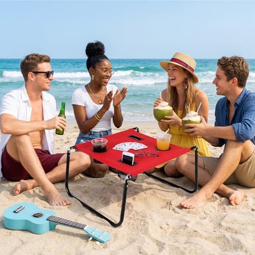 Portable Beach Table Foldable Pockets, Red, Solid Pattern - Image 2