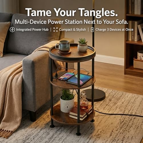 Small Round Side Table with Charging Station for Small Spaces, Rustic Brown - Image 4