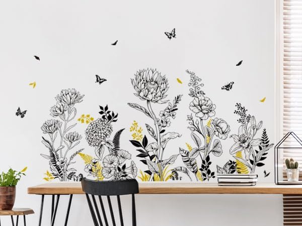 Black Yellow Flower Wall Decals, 3 Sheets Sketch Garden Floral Wall Stickers Simple Line Wildflower Grass Butterflies Art Decor Bedroom Bathroom Hallway Sofa Gifts for Mom(11.8x35.4 in/Sheet) - Image 2