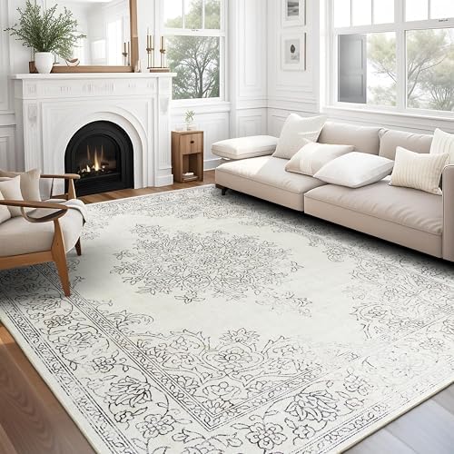 ReaLife Rugs Machine Washable Area Rug - Living Room Bedroom Bathroom Kitchen Entryway Office - Padded Low Pile Stain Resistant Premium - Boho Farmhouse Vintage - Paige - Ivory 7'6" x 9'6" by ReaLifeRugs