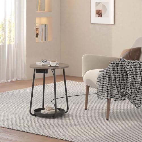 sthmec Small Round Side End Table with Storage and Charging Station, 2 Tier Round Bedside Sofa Couch Coffee Tables with Tray, Metal Nightstand for Small Spaces, Living Room Bedroom, Grey - Image 2