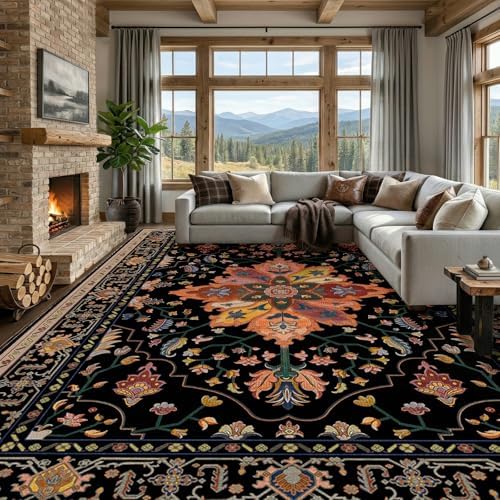 RELEANY Washable Area Rug, Large 10'x14', Black/Colorful by RELEANY