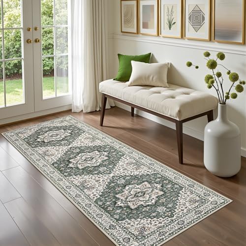 Hallway Runner Rug: 2.6x8 Kitchen Rugs for Living Room Green Ivory - Image 2