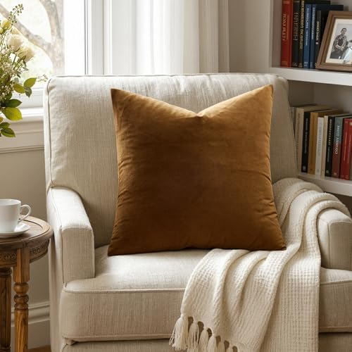 MIULEE Velvet Throw Pillow Covers 18x18 Inch Pack of 2 Golden Brown - Image 4