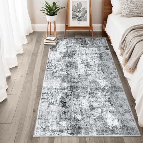 3x6 Washable Wide Runner Rug – Non-Slip Floor Carpet Runner for Kitchen Entryway Hallway Bathroom, Modern Abstract Low Pile Thin Area Rug (Grey) - Image 5