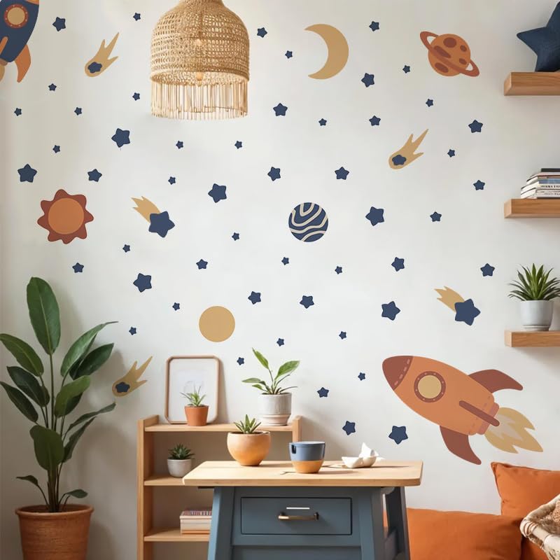 Outer Space Wall Decals, Peel and Stick Rockets Stars Planet Wall Stickers, Space Themed Wall Decor for Baby Nursery Kids Bedroom Boys Playroom Decoration - Image 3