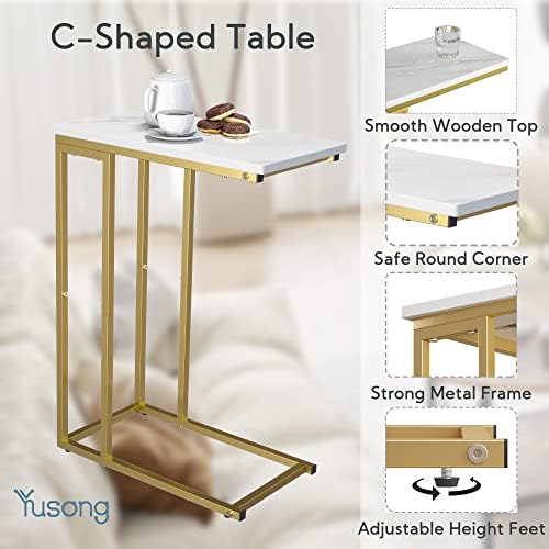 Yusong C Shaped End Table, Couch Side Table that Slide Under Sofa Bed, Small Table for Small Spaces, Skinny Overbed Table for Coffee Drink Snack, Living Room, Gold and White Marbled Wooden Top - Image 5