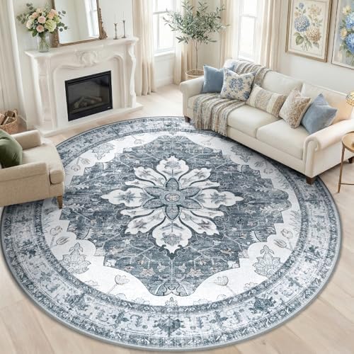RELEANY Washable Area Rug, Round 8ft, Grey/White/Beige by RELEANY