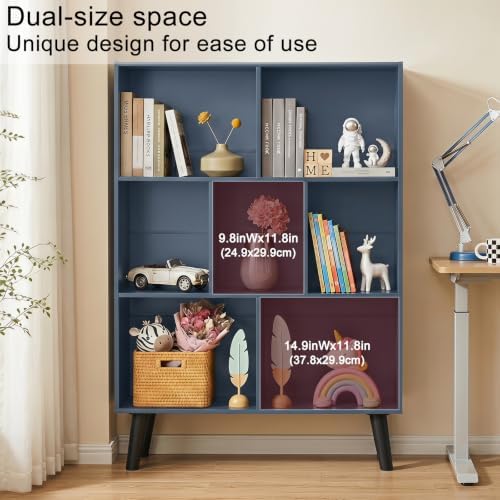 YAHARBO Blue Bookshelf,3 Tier Book Shelf with Legs, 7 Cube Minimalist Bookcase,Storage Organizer Shelves Display Bookcases for Bedroom,Living Room - Image 4