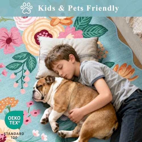 DUKINO 2x6 Runner Rug, Floral Washable Rug for Kitchen Non Slip, Teal - Image 4