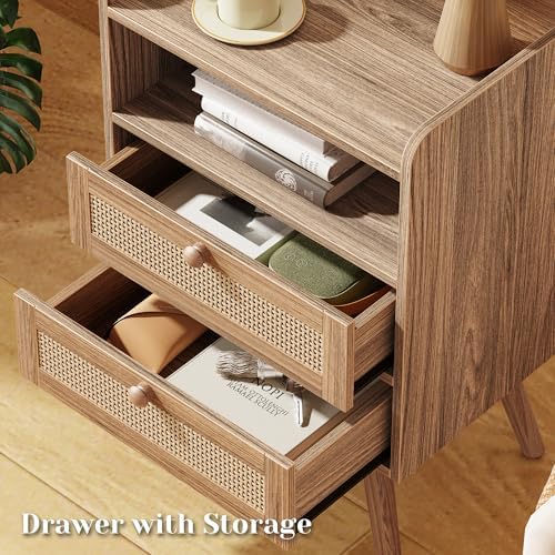 SUPERJARE Night Stand with Charger Station, Boho Rattan Nightstand Set of 2 - Image 5