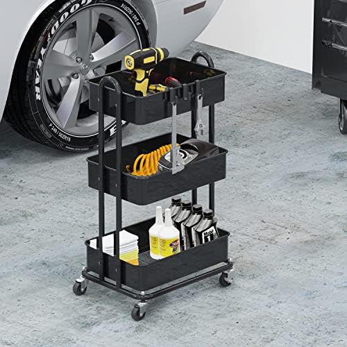Simple Houseware 3-Tier Heavy Duty Metal Utility Rolling Cart, Black - Image 4